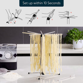 KITCHENDAO collapsible pasta drying rack with rotary arms for quick noodle transfer.