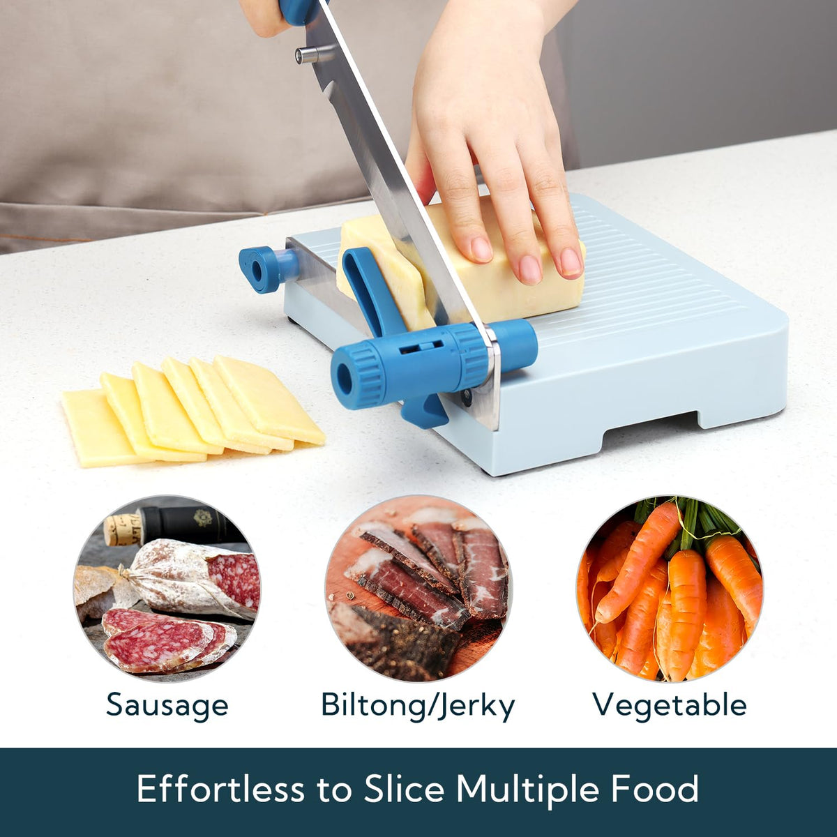 KITCHENDAO dual-blade system enables smooth slicing of cheese, meats, and vegetables.