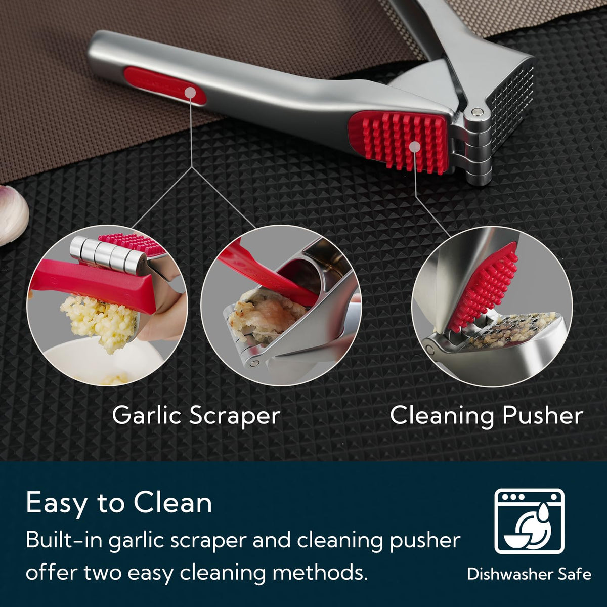 KITCHENDAO garlic press with large-capacity chamber for multiple cloves.