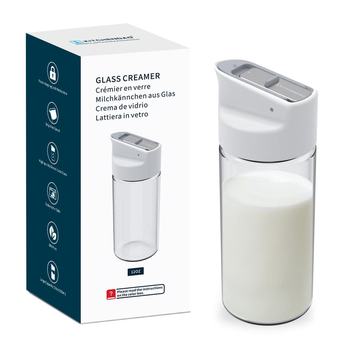 KITCHENDAO glass creamer with locking mechanism keeps milk fresh and sealed.