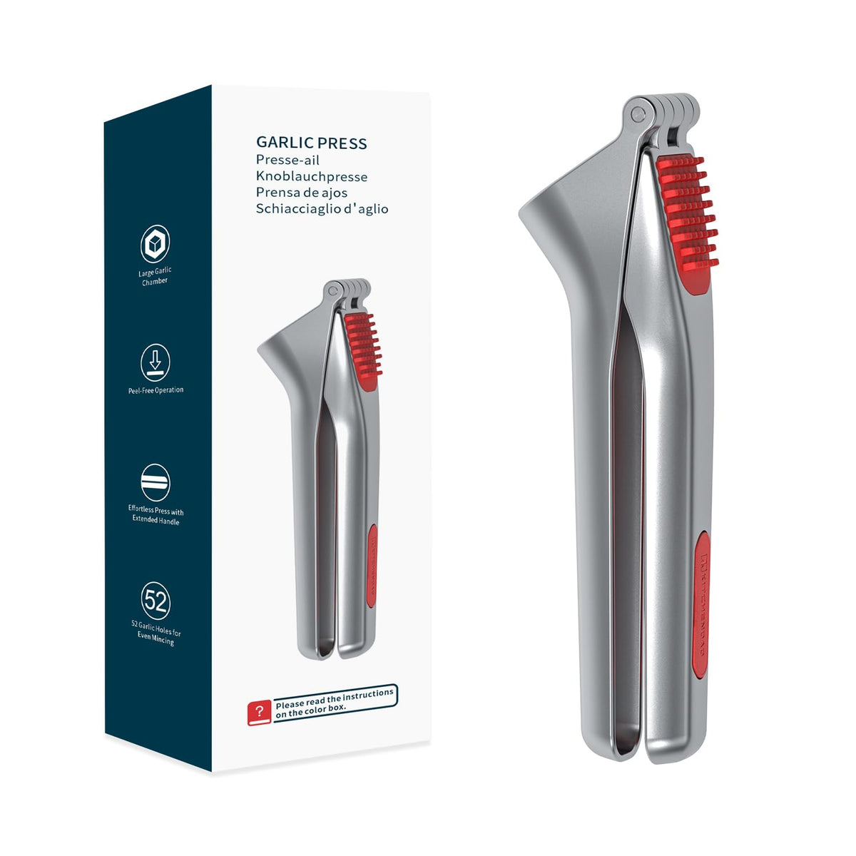 KITCHENDAO heavy-duty garlic press with built-in scraper for easy cleanup.