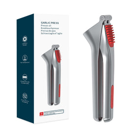 KITCHENDAO heavy-duty garlic press with built-in scraper for easy cleanup.