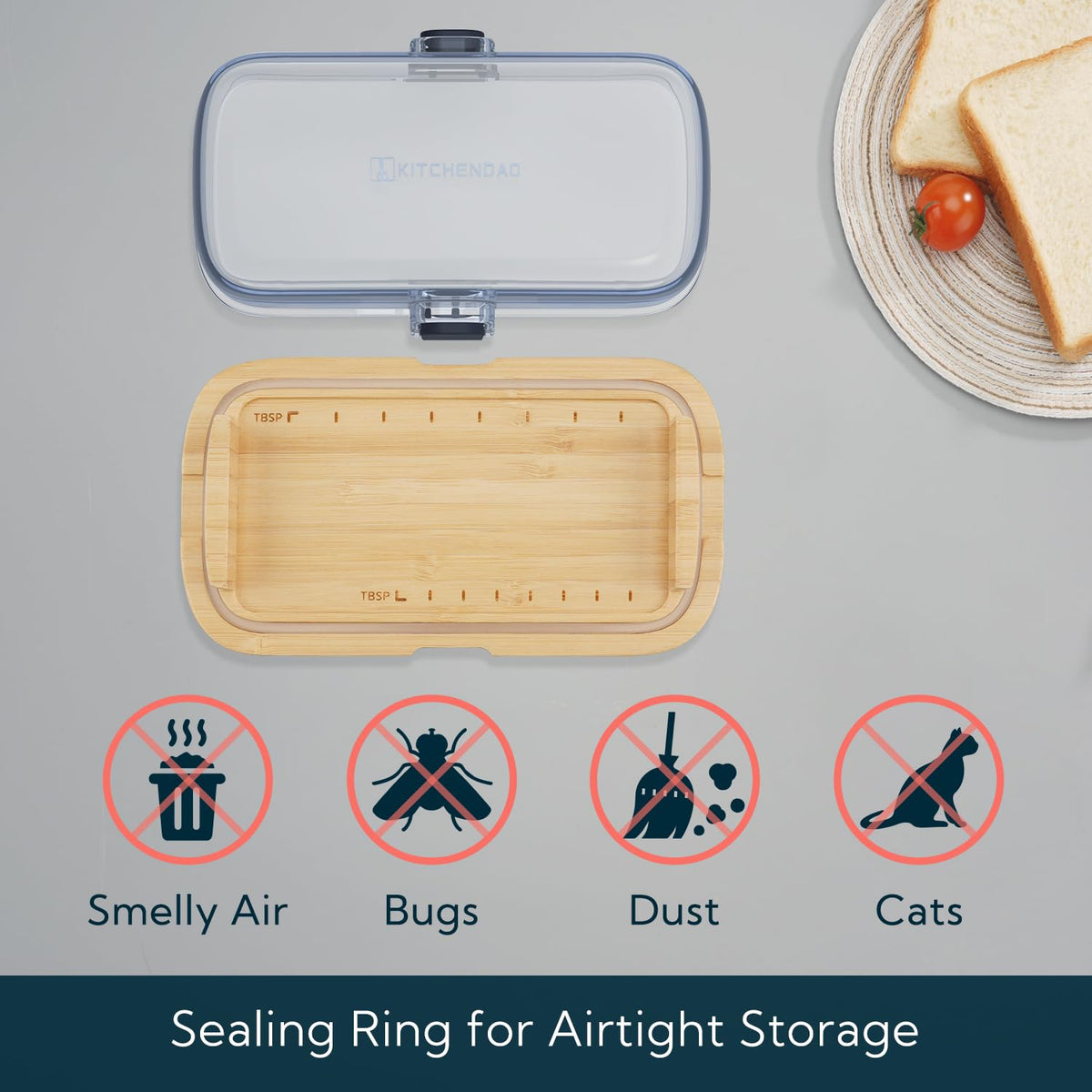 One-handed latching buckle on KITCHENDAO butter dish for easy access