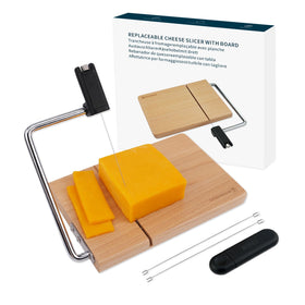 KITCHENDAO replaceable wire cheese slicer with beech board for precise cheese cuts.