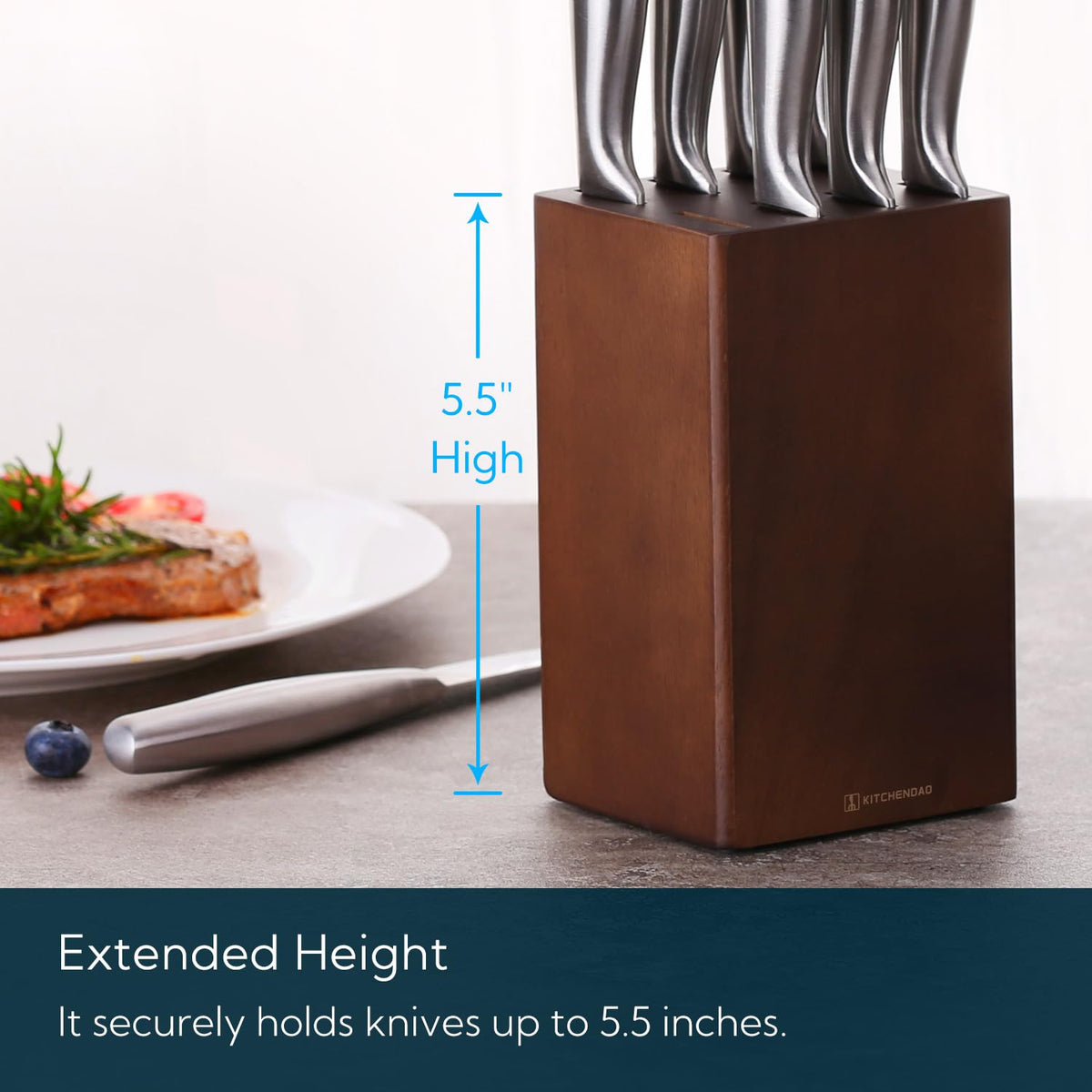 KITCHENDAO knife block with anti-slip feet protects countertops while preventing slips.