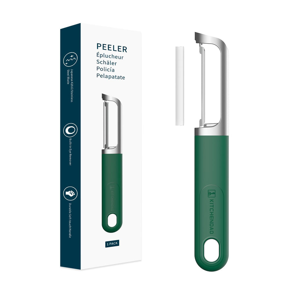 KITCHENDAO swivel peeler blade close-up showing ultra-sharp Japanese steel for thin peels