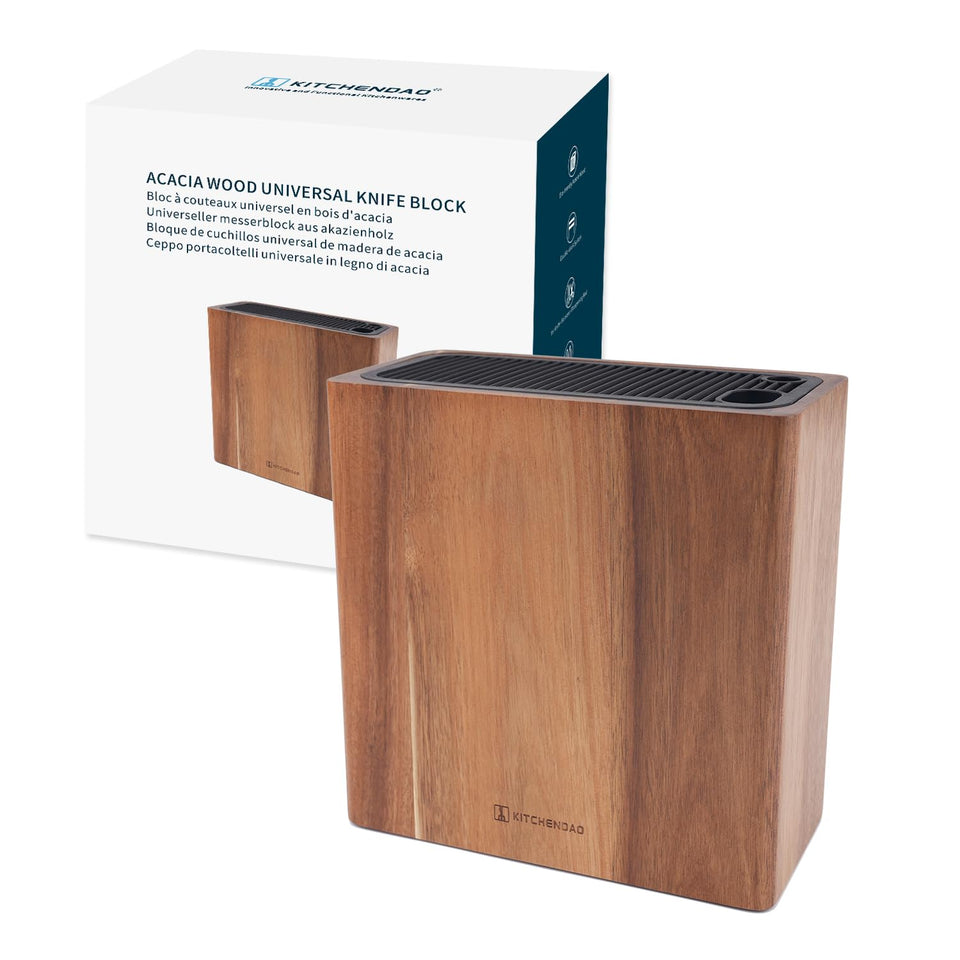 KITCHENDAO XL acacia knife block showing universal storage for blades up to 8.6 inches