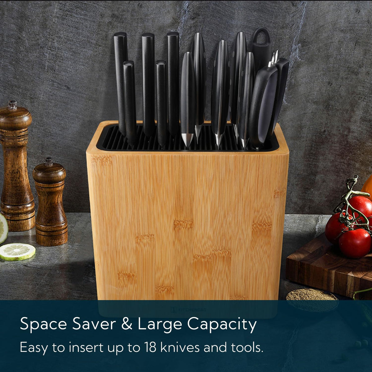 KITCHENDAO XL knife block with sharpening rod slot protects blade edges