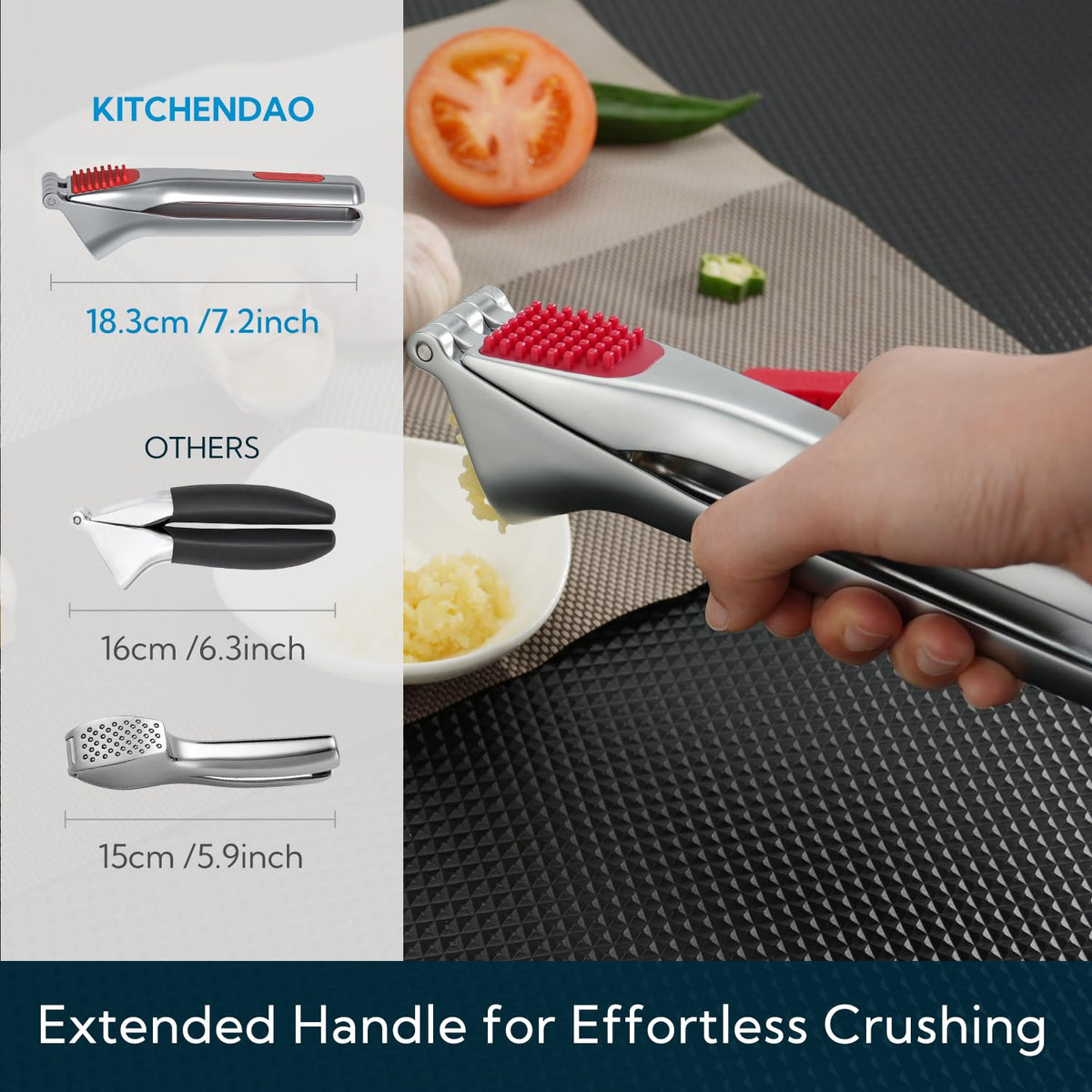 KITCHENDAO zinc alloy die-cast garlic press with durable finish.