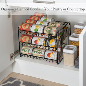Kitchen Details 3 Tier Can Organizer in use on a pantry shelf keeping cans organized.