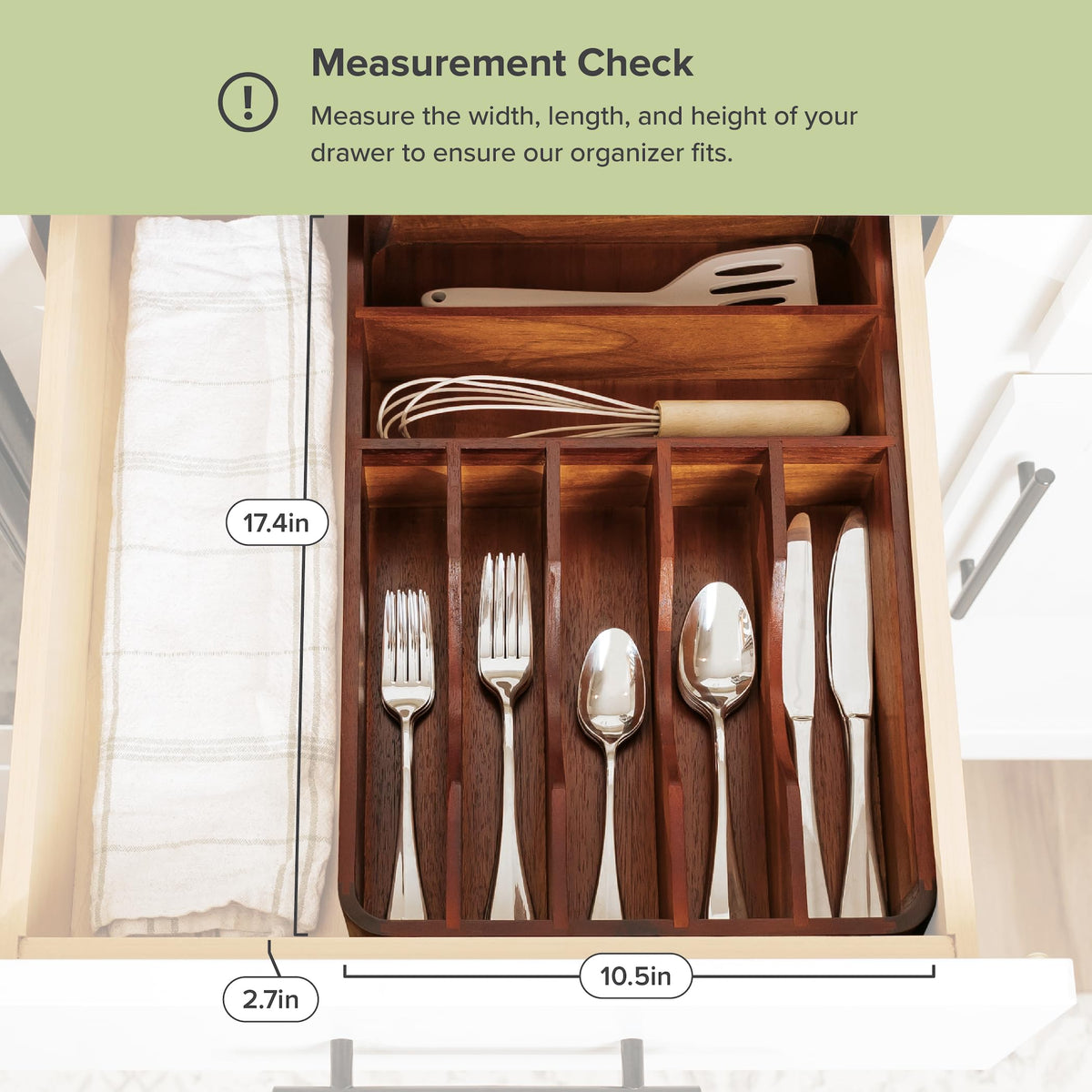 Acacia wood finish adds warmth and durability to your utensil drawer.