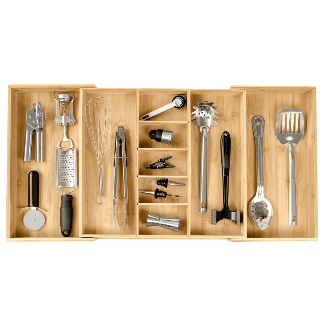 KitchenEdge adjustable bamboo drawer organizer fills wide drawers with durable organization