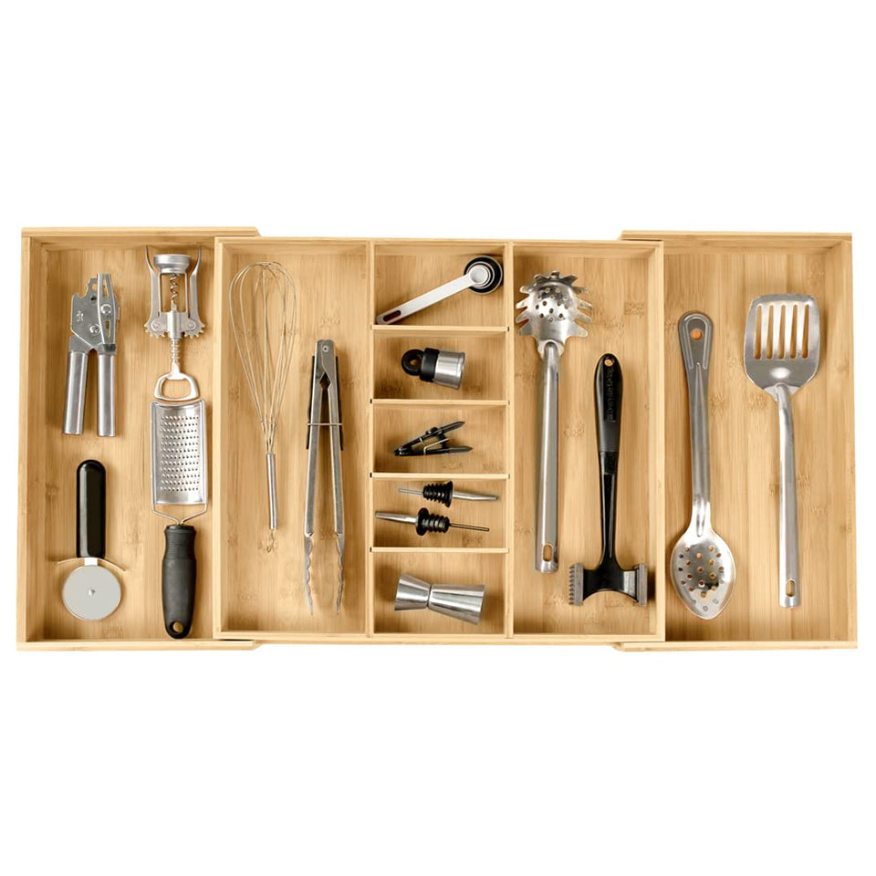 KitchenEdge adjustable bamboo drawer organizer fills wide drawers with durable organization