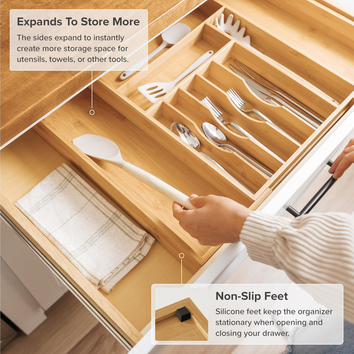 Anti-skid feet keep the KitchenEdge organizer stable during daily drawer use.