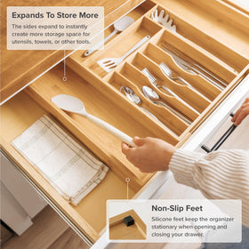 Anti-skid feet keep the KitchenEdge organizer stable during daily drawer use.
