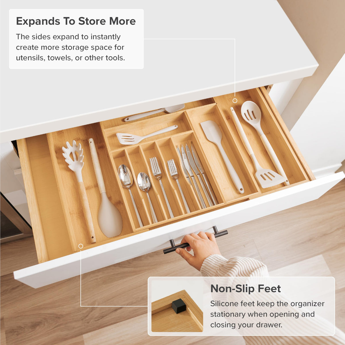 KitchenEdge bamboo organizer anti-slip pads prevent drawer shifting