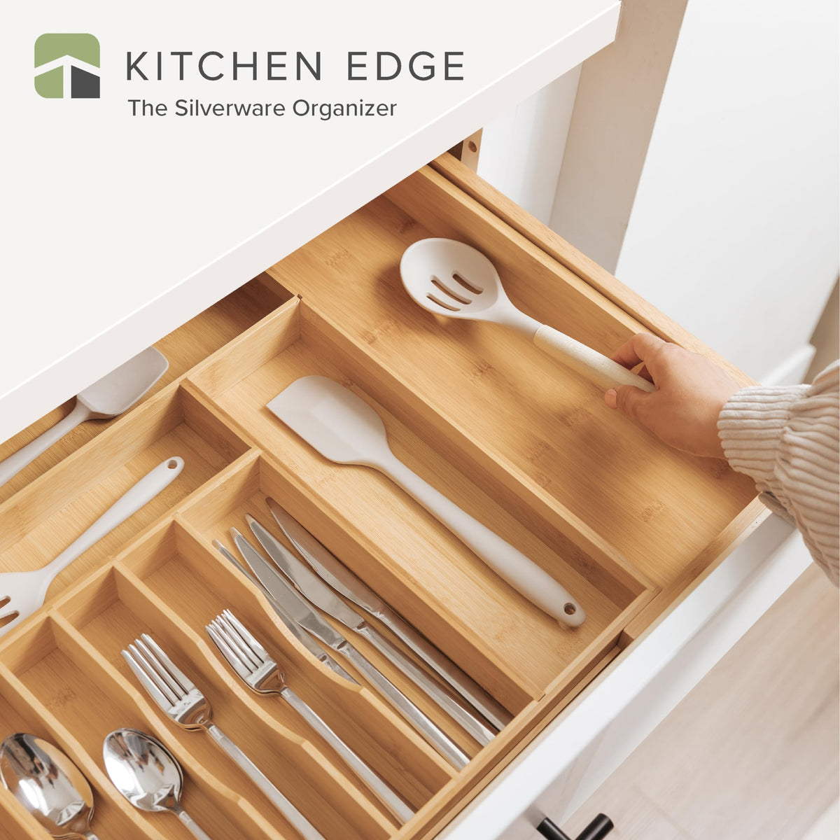 KitchenEdge bamboo drawer organizer expanded width demonstrates adjustable capacity