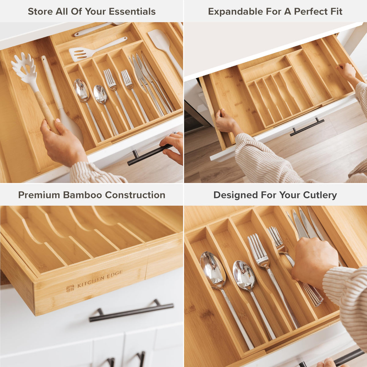 KitchenEdge bamboo drawer organizer with flatware compartments keeps utensils neatly separated