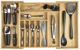 KitchenEdge bamboo drawer organizer front view highlights sturdy, organized storage