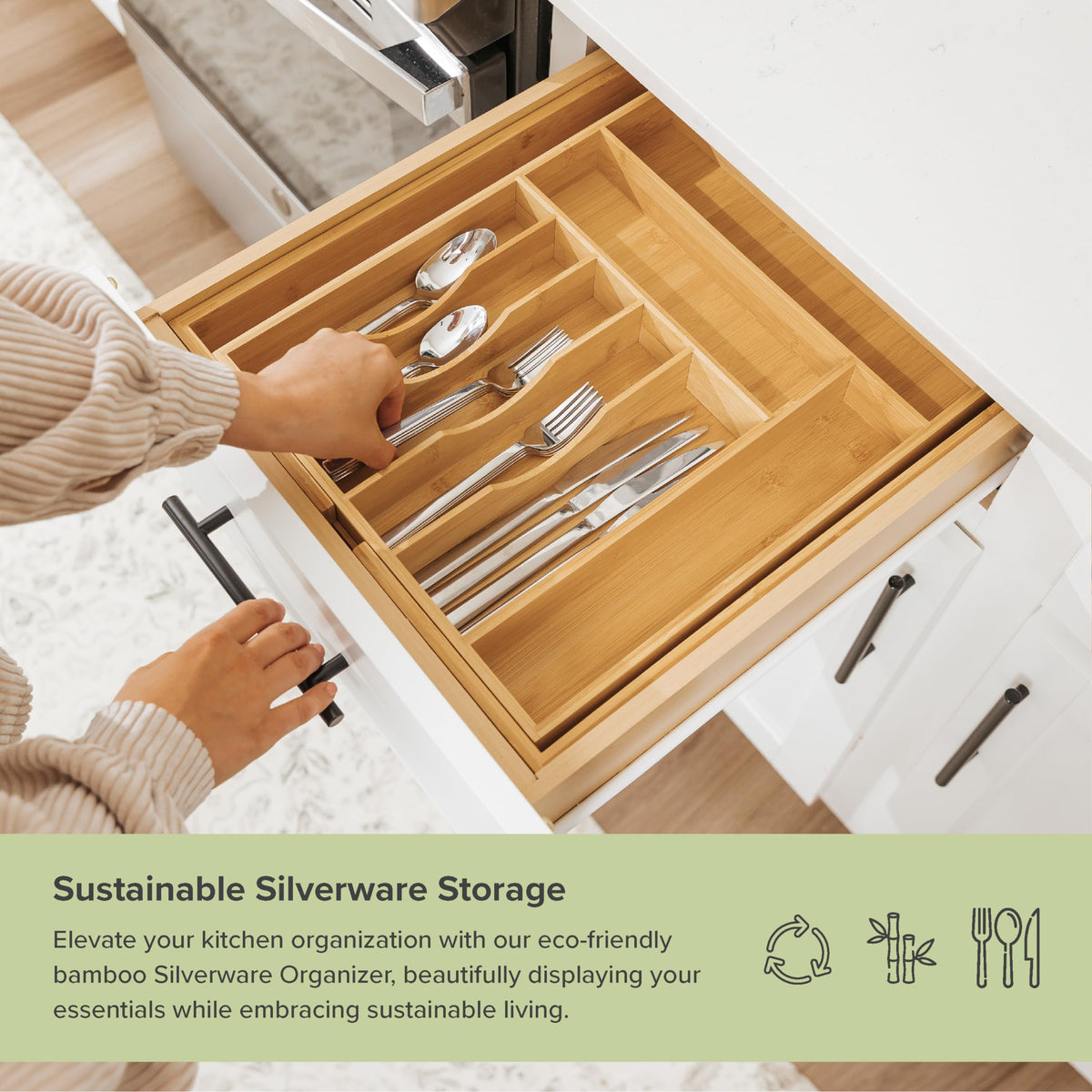 Ergonomic dividers in KitchenEdge organizer enable easy access to each utensil.