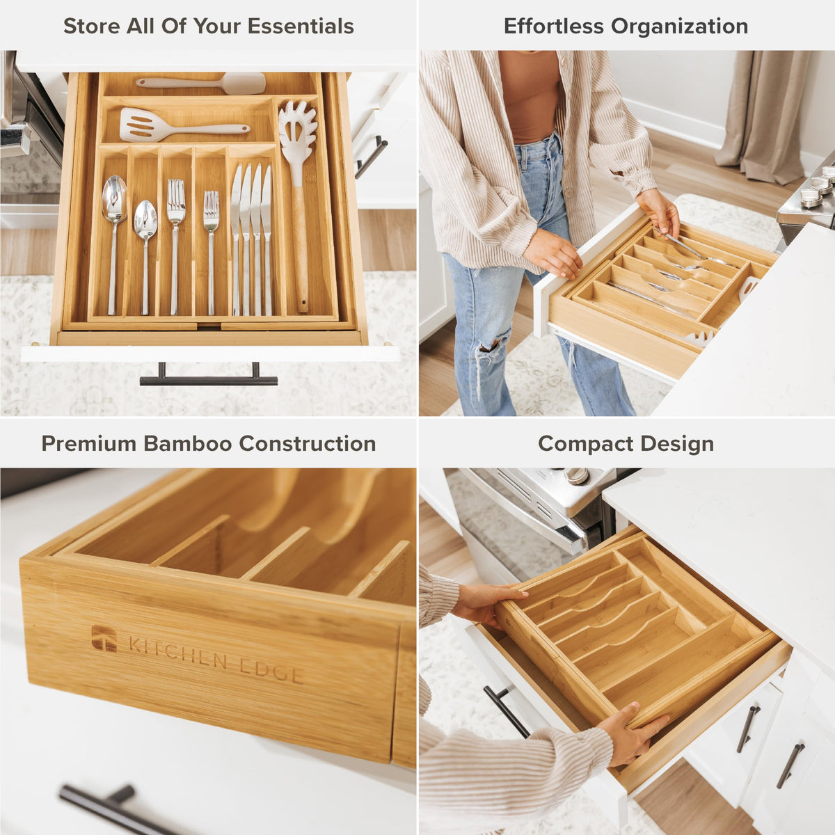 Expandable KitchenEdge organizer from 14.5 to 25 inches fits many drawer sizes.