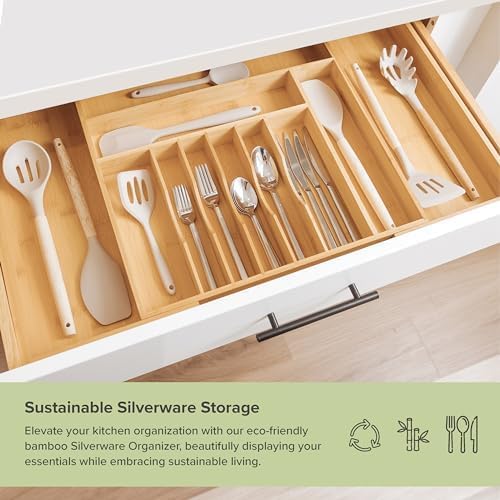 KitchenEdge expandable drawer organizer stretched to fit large drawers from 18.5 to 33 inches