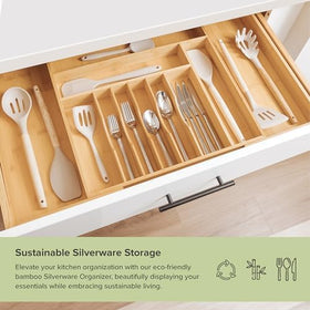 KitchenEdge expandable drawer organizer stretched to fit large drawers from 18.5 to 33 inches