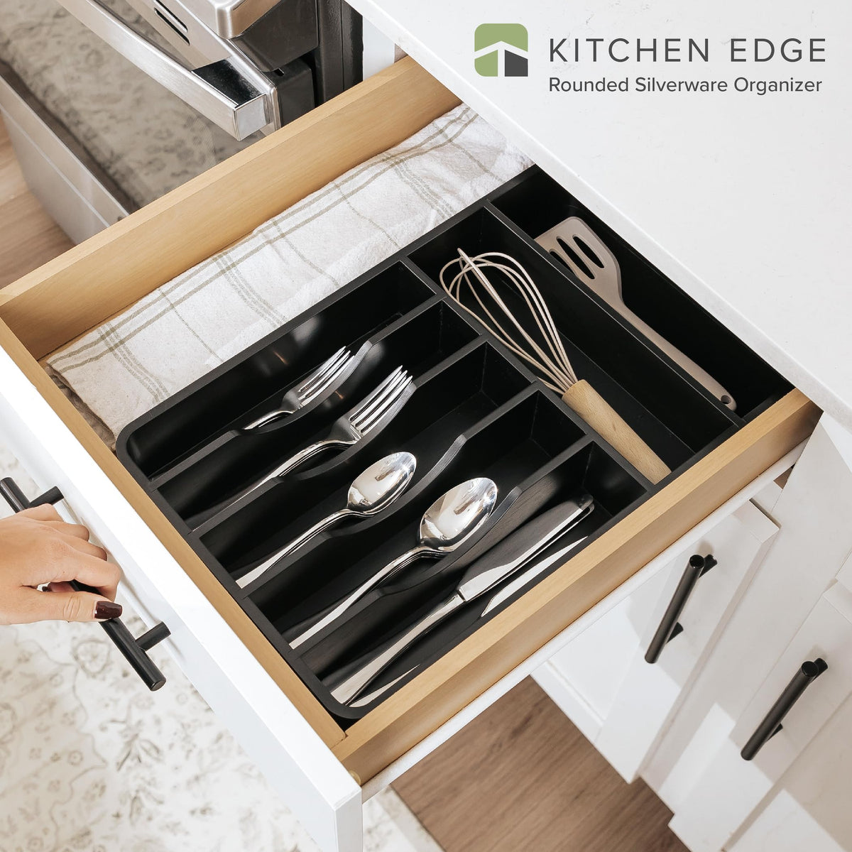 KitchenEdge five-compartment layout keeps forks, spoons, and knives organized