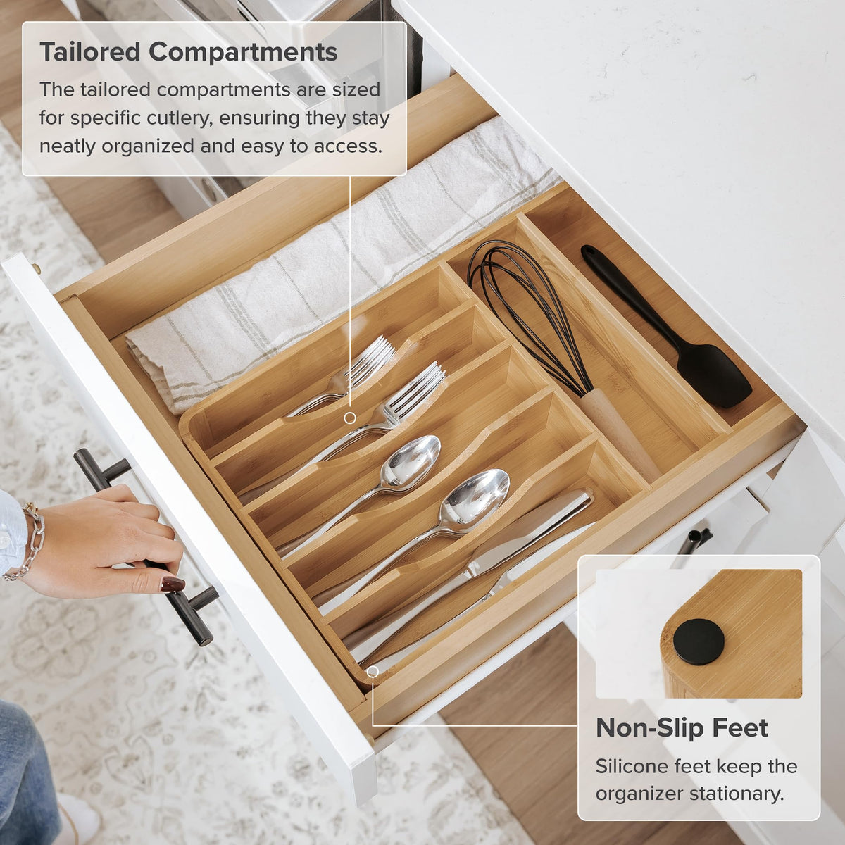 KitchenEdge non-slip feet keep the organizer in place.