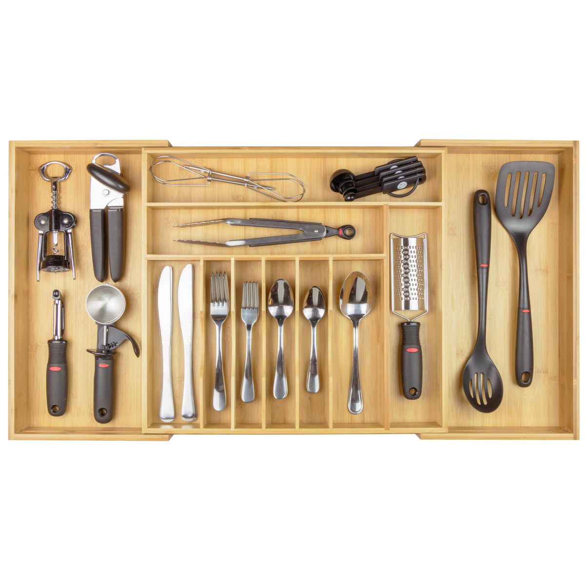 KitchenEdge premium bamboo drawer organizer with six compartments for neat flatware separation
