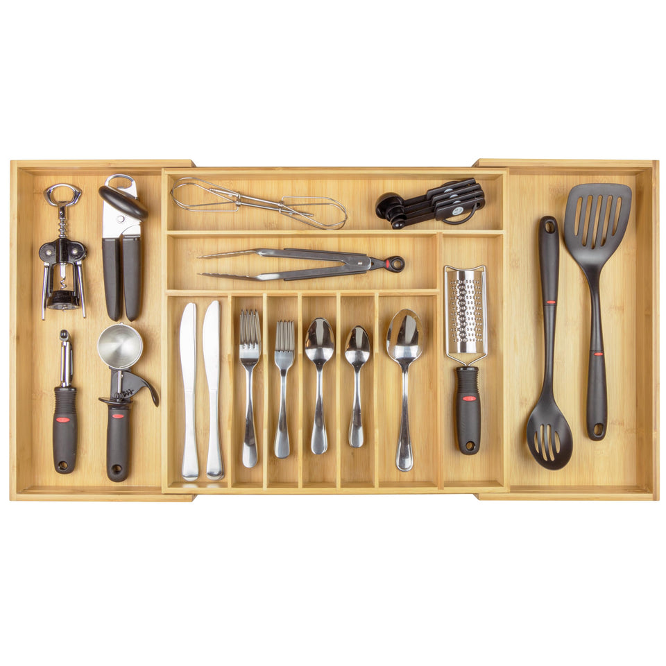 KitchenEdge premium bamboo drawer organizer with six compartments for neat flatware separation