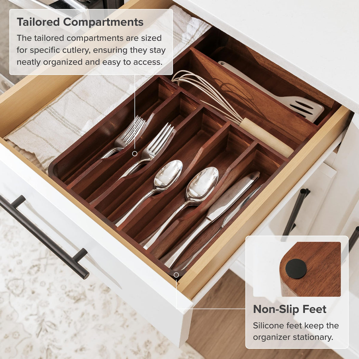 Rounded corners prevent snagging and protect utensils during daily use.