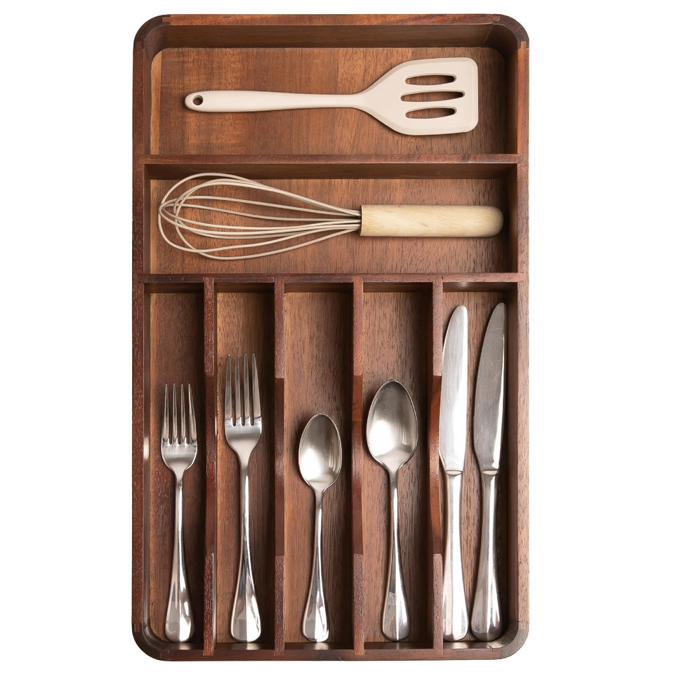 KitchenEdge silverware organizer front view in acacia wood keeps utensils neatly arranged.
