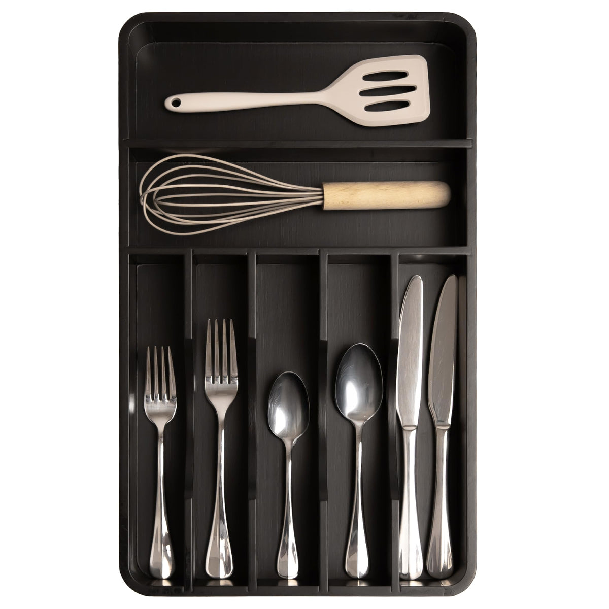 KitchenEdge silverware organizer front view; compact fit for neat drawers