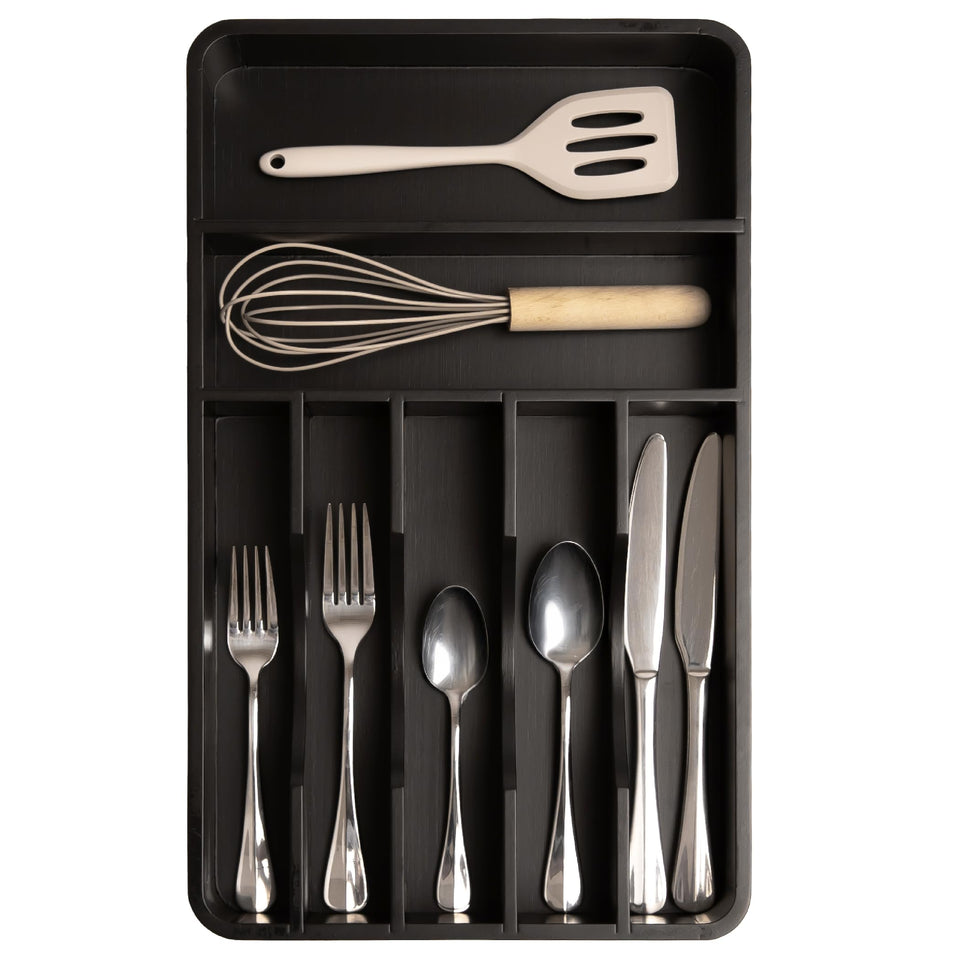 KitchenEdge silverware organizer front view; compact fit for neat drawers