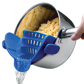 Kitchen Gizmo Snap N' Strain clipped onto a pot for easy draining