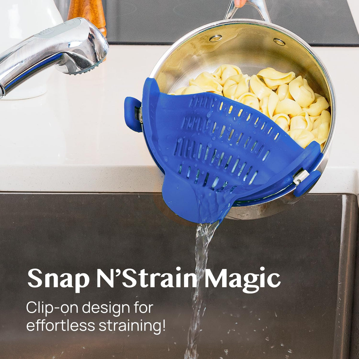Snap N' Strain on multiple pots showcasing universal clip-on fit