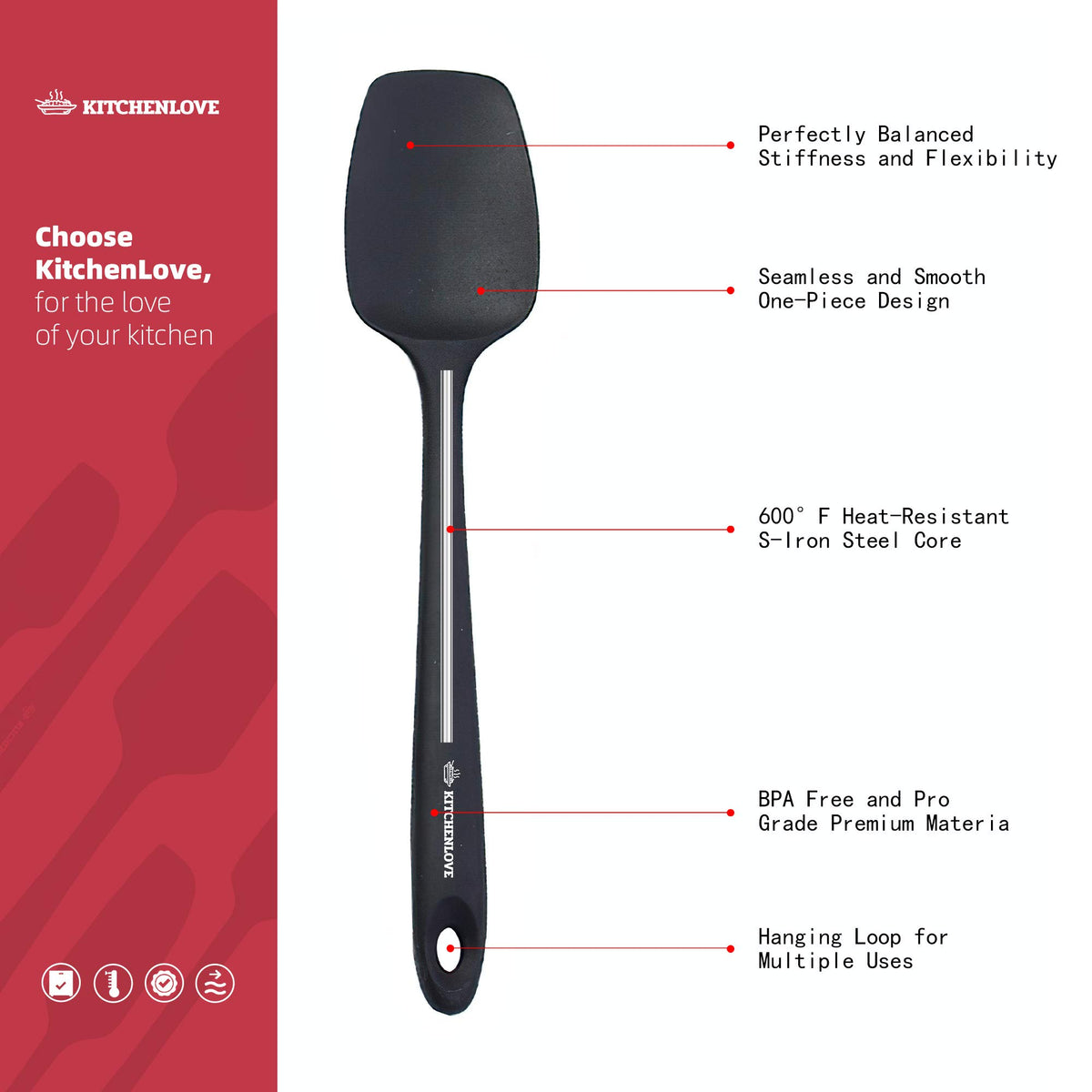 KITCHENLOVE seamless one-piece spatula design for durable, leak-free performance.