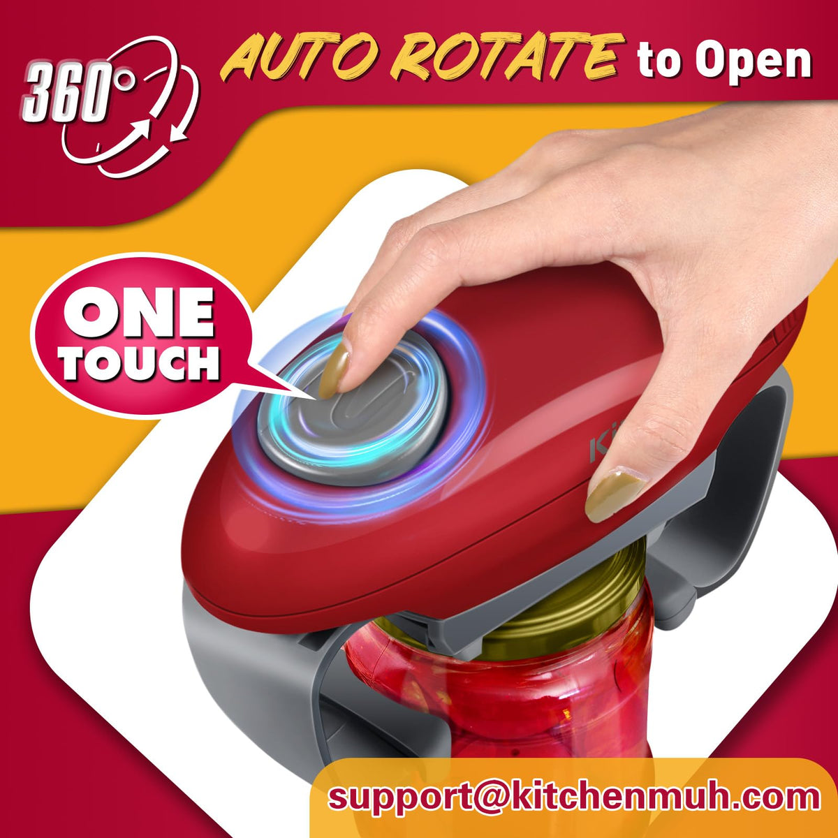 Kitchenmuh automatic jar opener mounted on cabinet for effortless one-button operation.