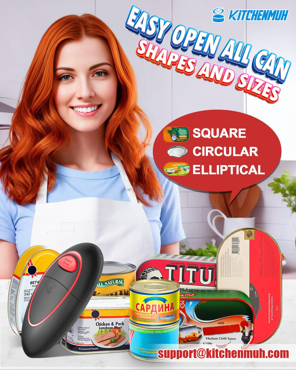 KITCHENMUH battery-operated can opener powered by a simple button press.