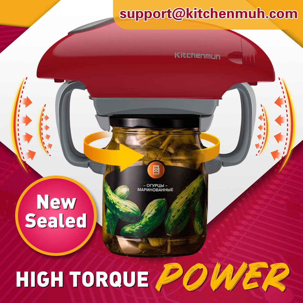 Kitchenmuh high-torque motor powering open vacuum-sealed lids.
