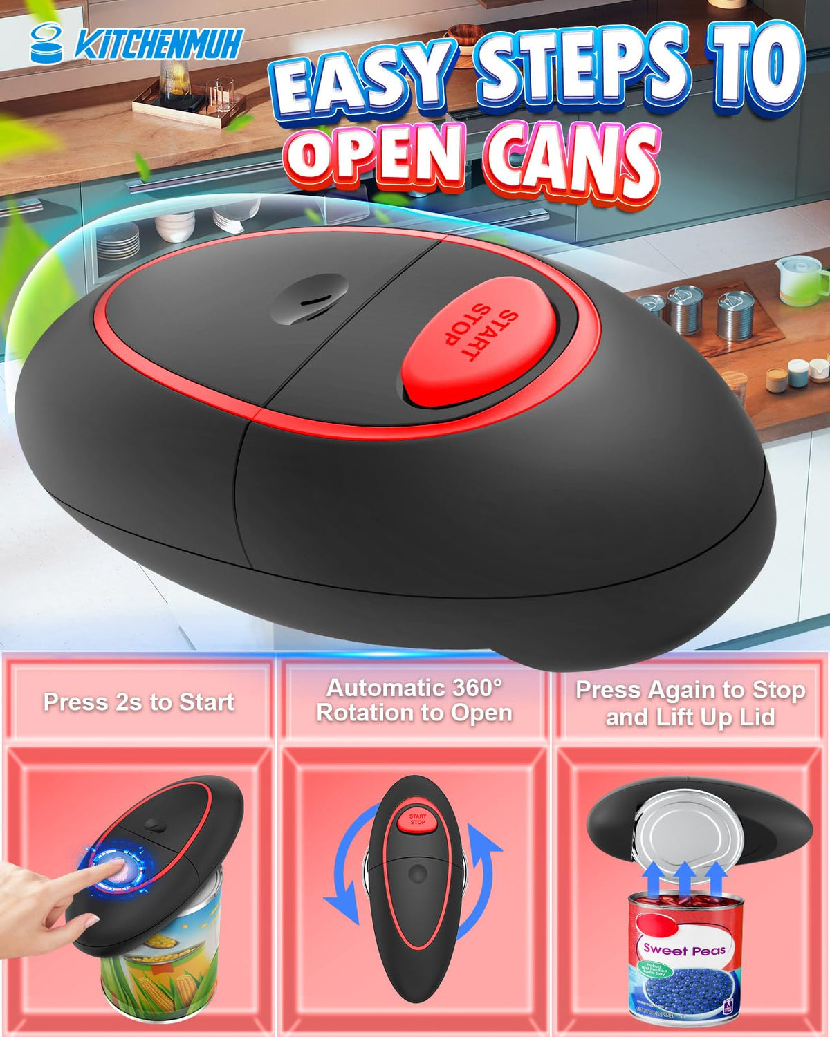 KITCHENMUH smooth-edge can opener cuts lids safely for comfortable everyday use.