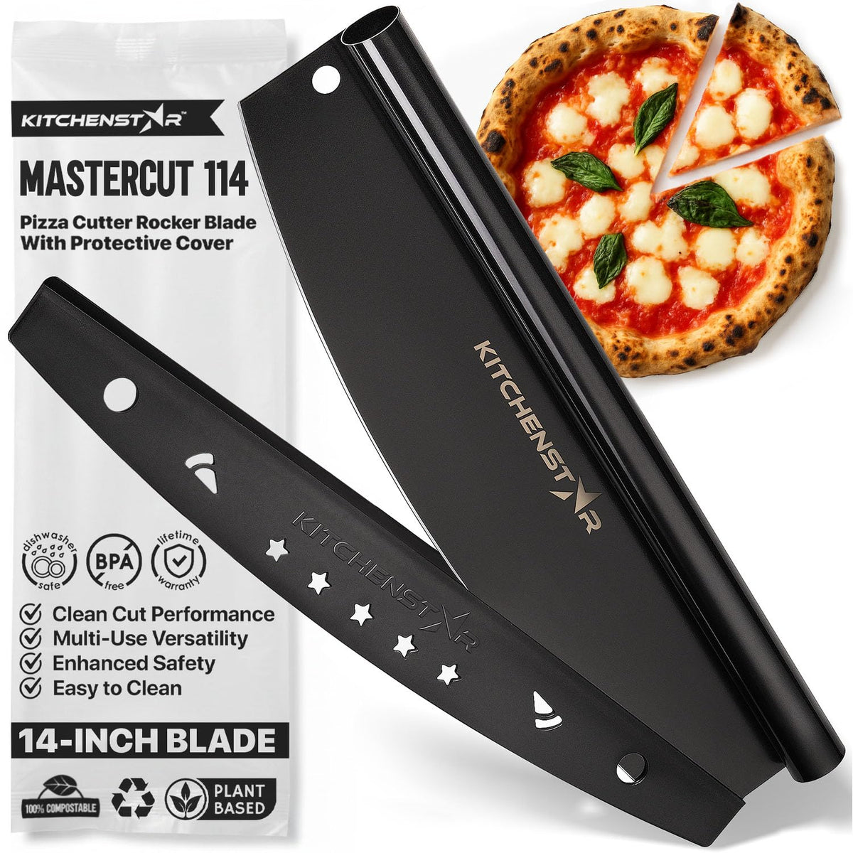 KitchenStar 14-Inch pizza rocker blade for clean, even crust slicing.