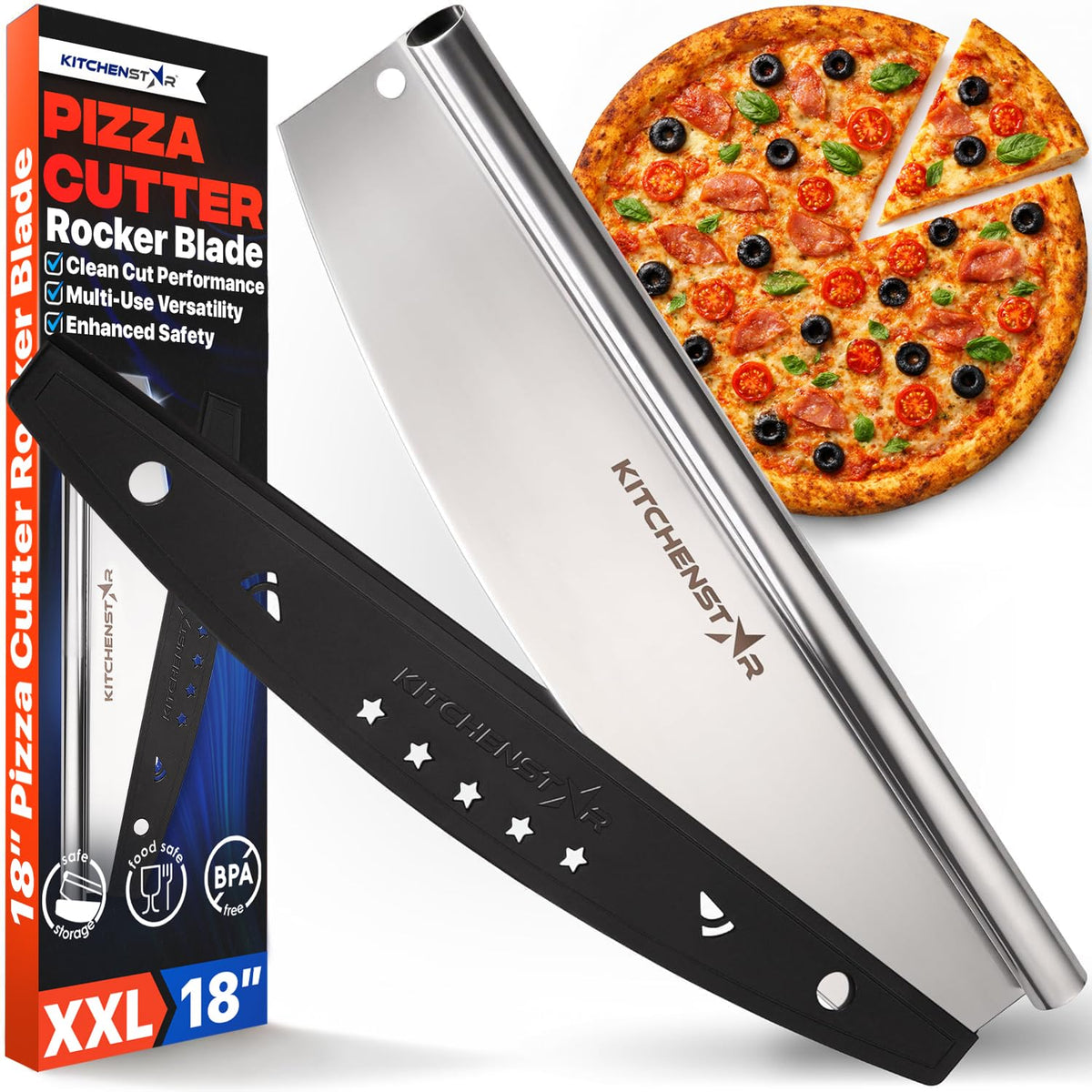 KitchenStar 18-inch rocker blade for clean, precise pizza cuts.