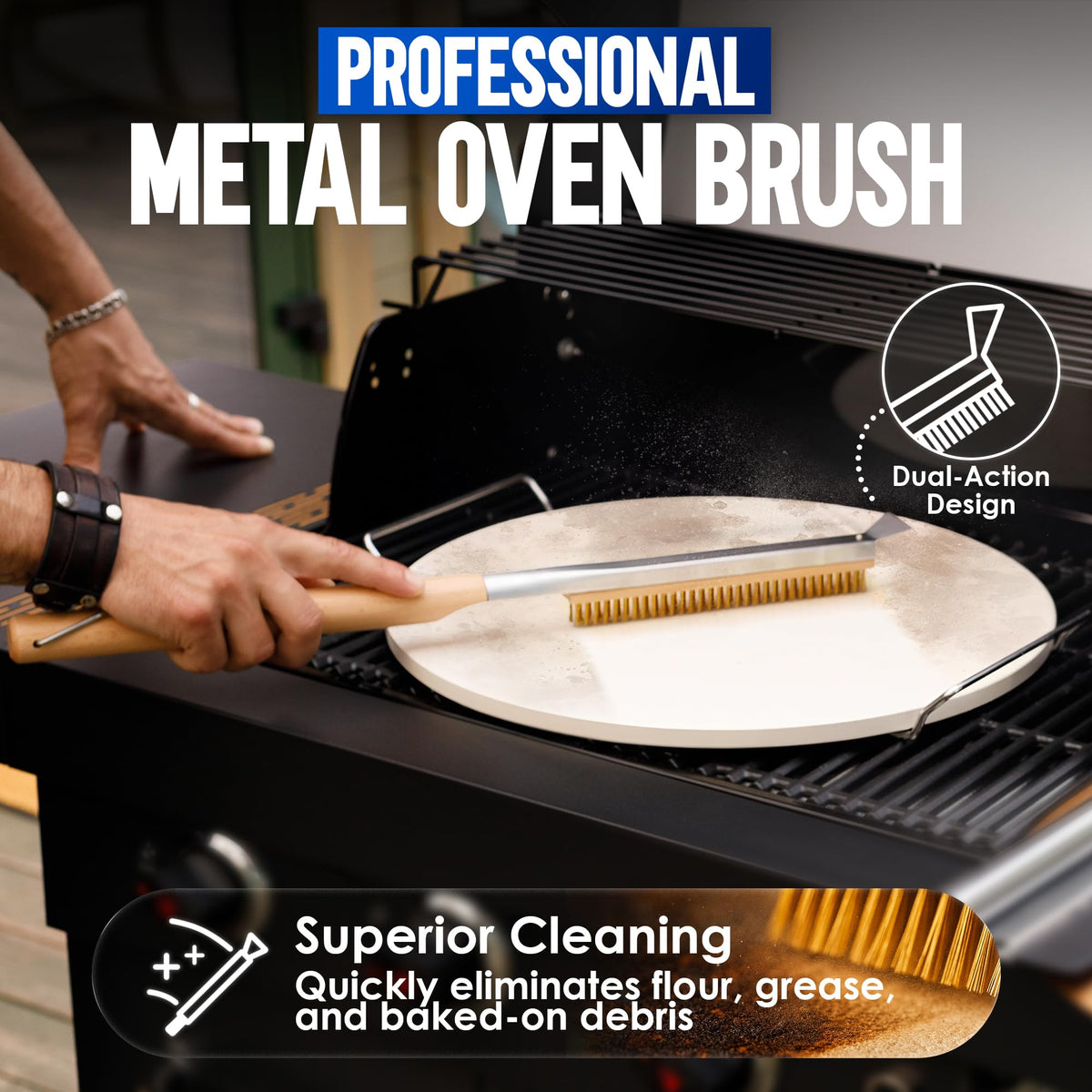 KitchenStar oven brush with scraper and long beech wood handle for safe cleaning.