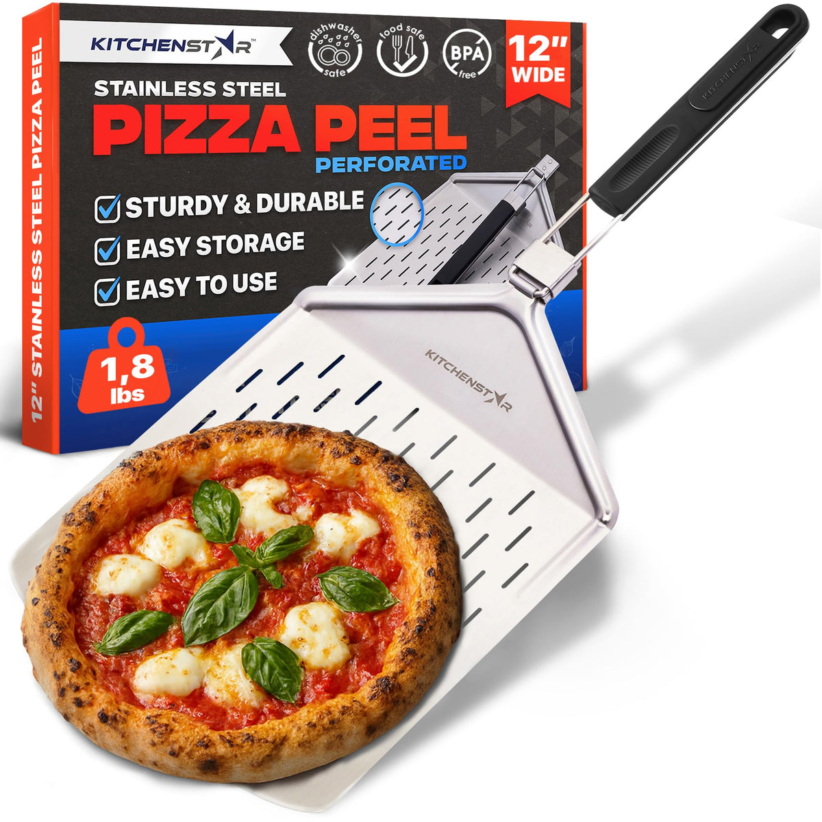 KitchenStar perforated pizza peel 12in surface promotes airflow for crisp crust