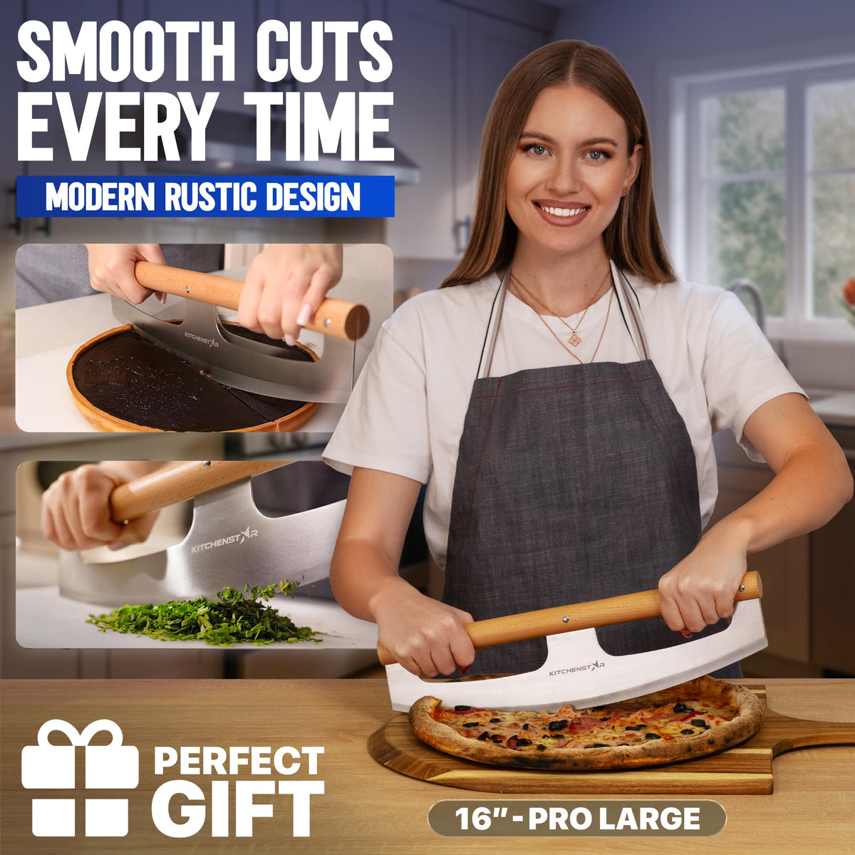 KitchenStar ergonomic beech-handle provides comfortable control during slicing