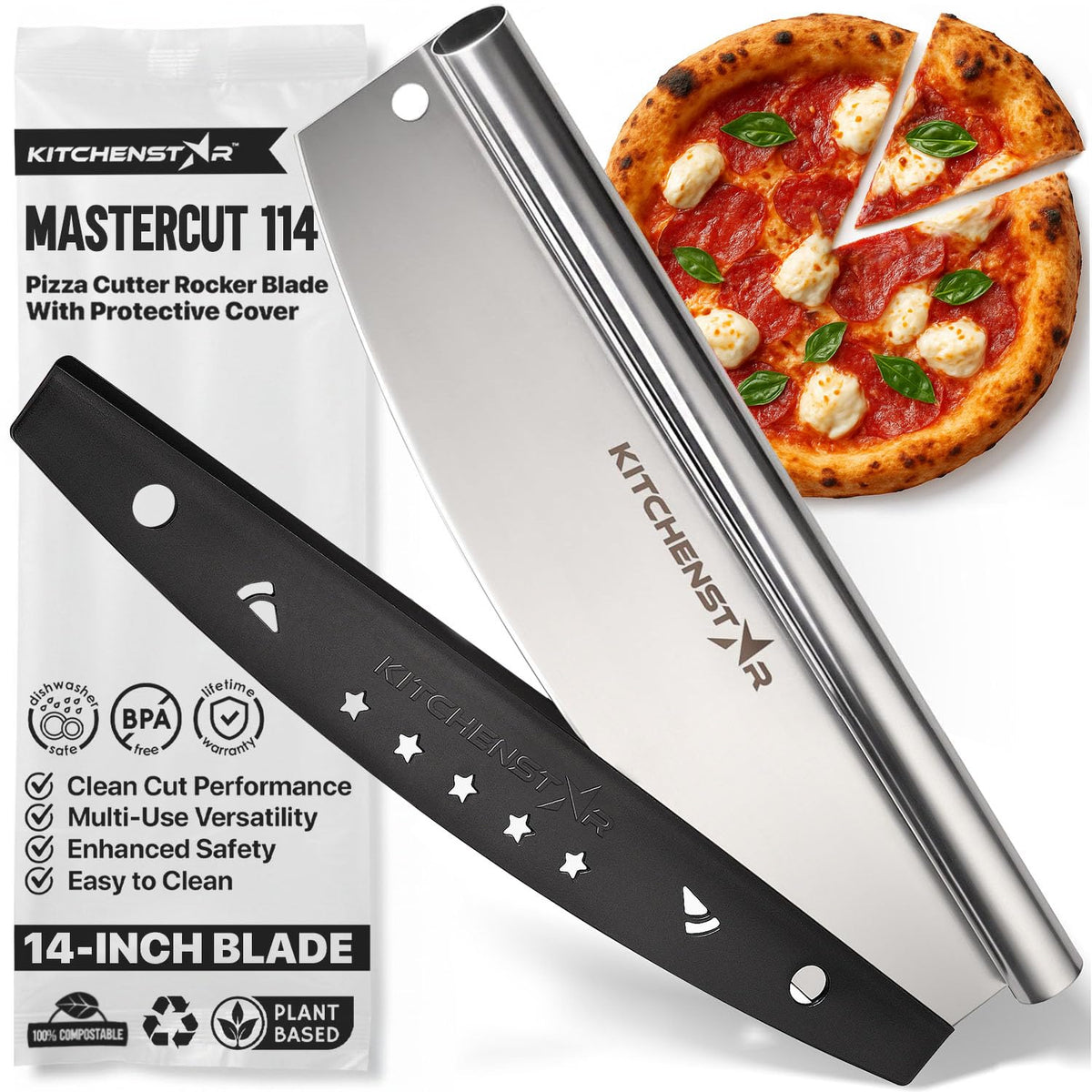 KitchenStar 14-inch pizza cutter rocker blade in action for clean cuts.