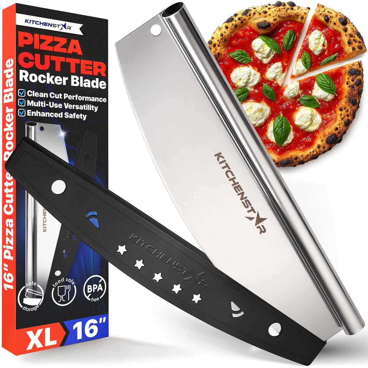 KitchenStar pizza cutter rocker blade delivers clean slices with toppings intact.