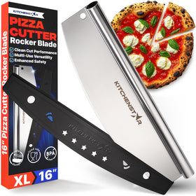KitchenStar pizza cutter rocker blade delivers clean slices with toppings intact.